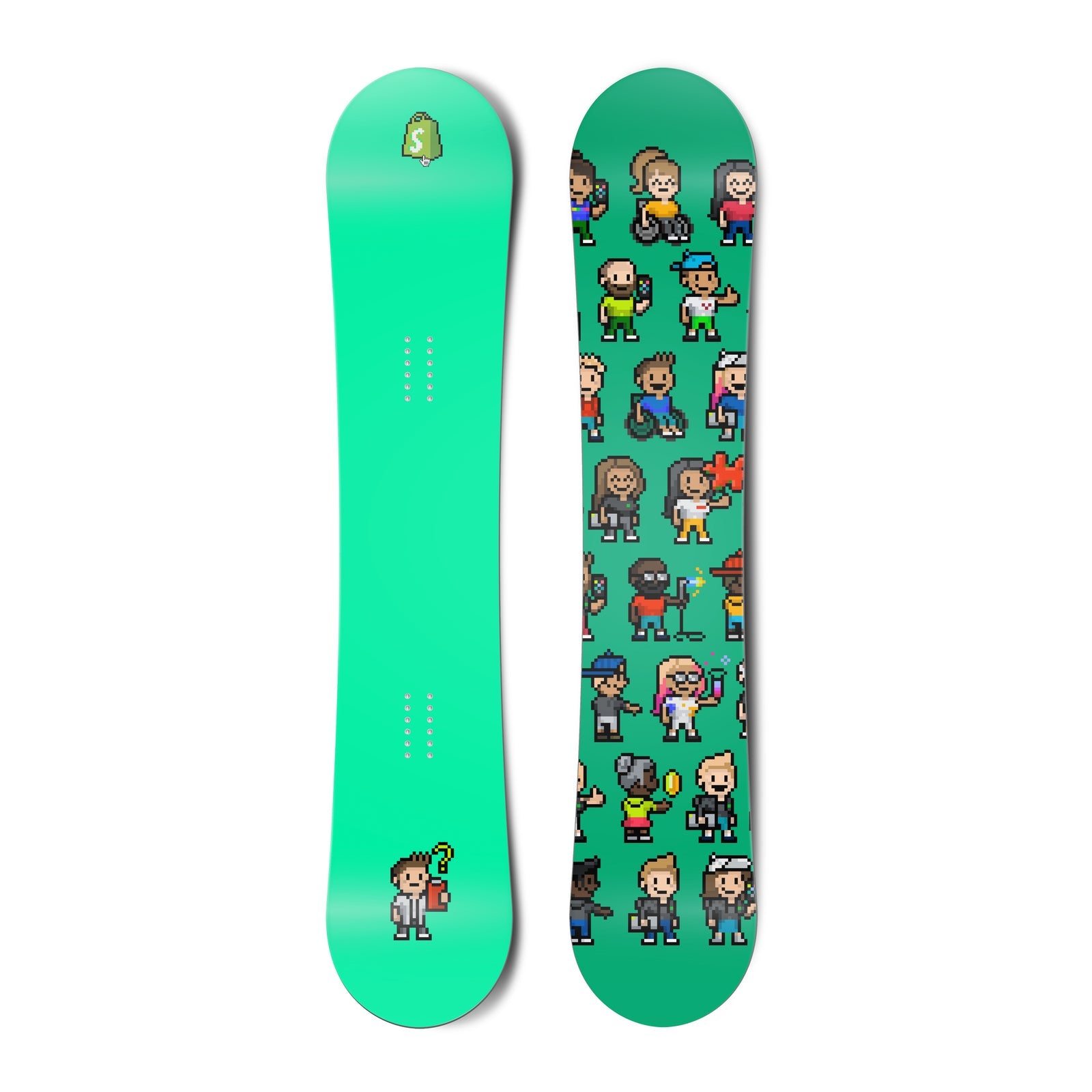Top and bottom view of a snowboard. The top view shows a pixelated Shopify bag logo and a
pixelated character reviewing a clipboard with a questioning expression with a bright green-blue background.
The bottom view is a pattern of many pixel characters with a bright green-blue background.
